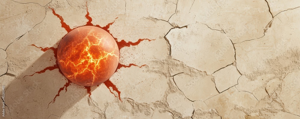 A vibrant orb with fiery crack patterns, contrasting against a dry, cracked surface, symbolizing energy and transformation. A vibrant orb with fiery crack patterns, contrasting against a dry, cracked surface, symbolizing energy and transformation.