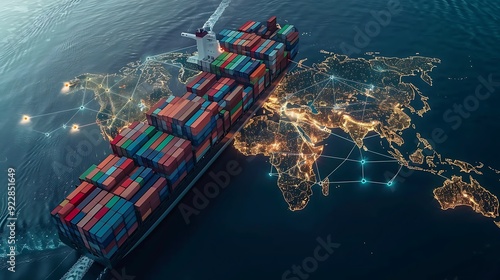 Cargo ship in the ocean. 3d render illustration. Top view.