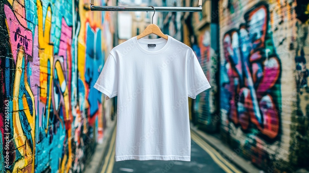 Fototapeta premium A white T-shirt hangs on a hanger against a backdrop of graffiti and a cityscape.