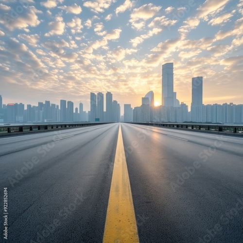 Perspective straight empty highway road with modern cityscape. Morning scene view