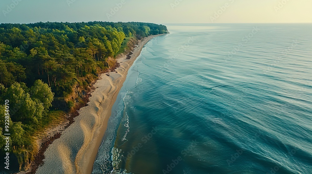 Obraz premium Beautiful white sandy beach close to town with views of green mountains in the background