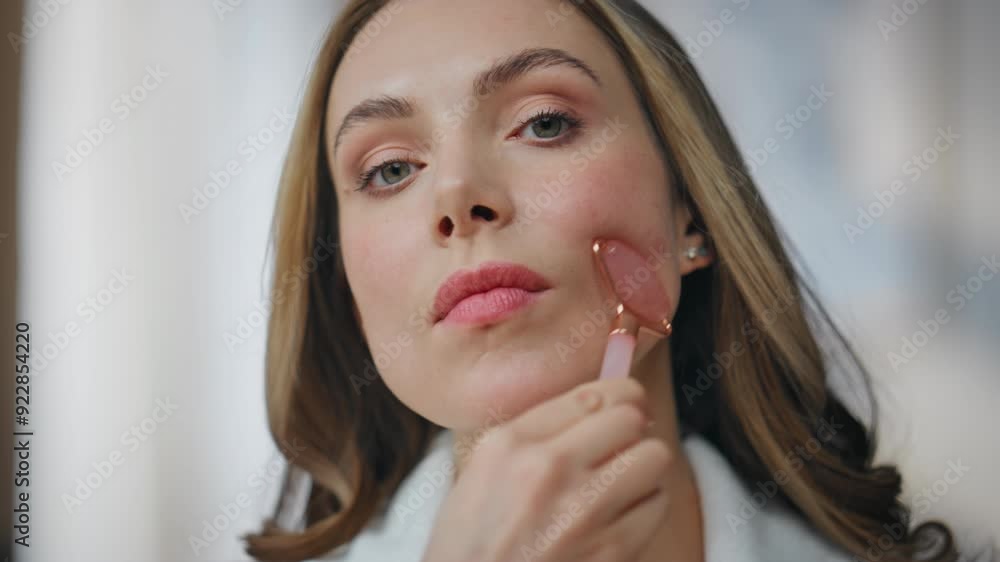 Woman using natural massager looking camera at bedroom portrait. Lady skincare Woman using natural massager looking camera at bedroom portrait. Lady skincare