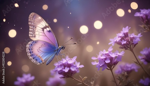 An image capturing the delicate wings of a purple butterfly on purple flowers at night, with distant, out-of-focus lights creating a bokeh effect."