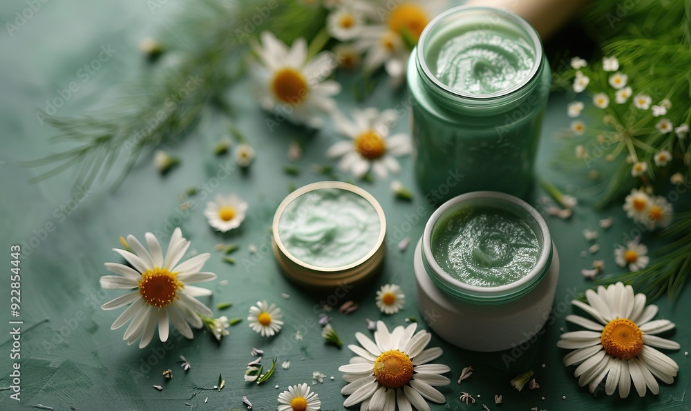 natural herbal cosmetics with chamomile extract on green background skin care products branding. natural herbal cosmetics with chamomile extract on green background skin care products branding.