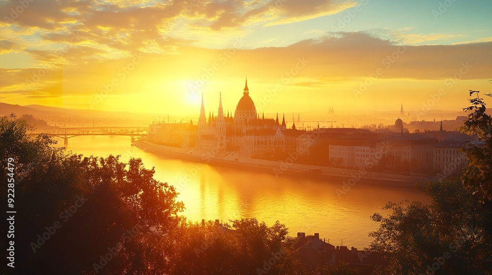 Fototapeta premium US Capitol building at sunset with a beautiful view of water and sunset