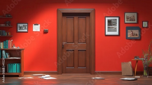 A solitary door in a red room with scattered papers