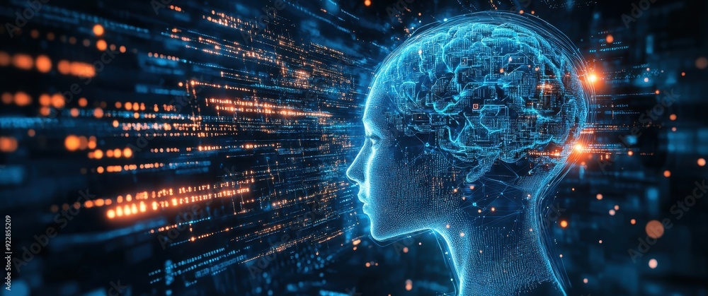 A blue digital brain with gears and cogs, surrounded by glowing lines representing data flowing through it. The background is dark to highlight the central figure of an AI robot head in profile A blue digital brain with gears and cogs, surrounded by glowing lines representing data flowing through it. The background is dark to highlight the central figure of an AI robot head in profile