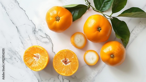 Fresh Achacha fruits displayed on white marble surface, showcasing vibrant orange skin and juicy white flesh, with green leaves adding a natural touch, perfect for healthy eating and food photography photo