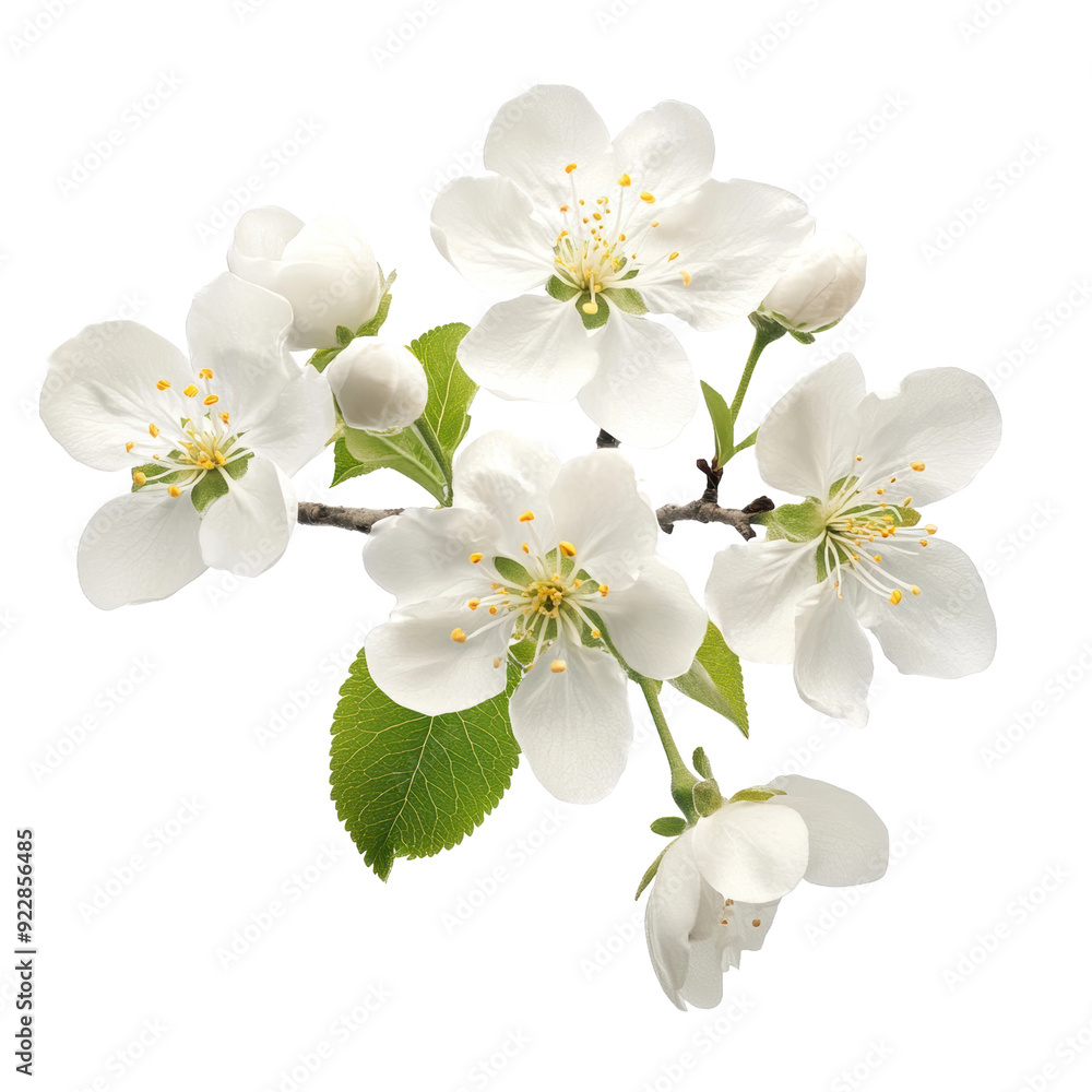 Obraz premium White flowers on cherry blossom branch, cut out - stock png.