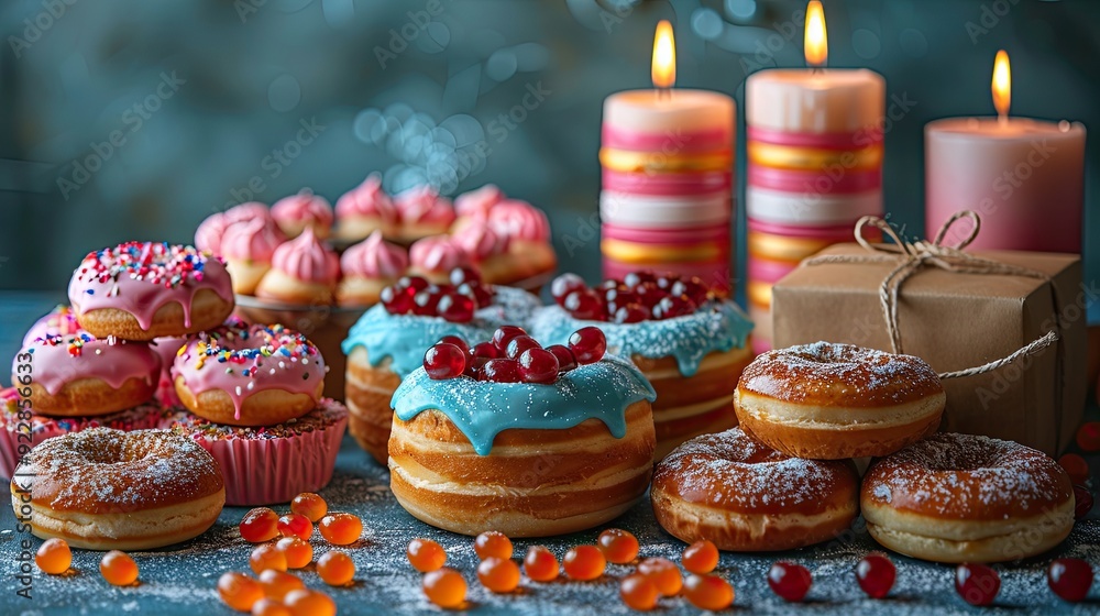 blue background with festive hanukkah composition menorah gift boxes candles jelly donuts on blue table traditional jewish holiday celebration chanukah greeting card concept. blue background with festive hanukkah composition menorah gift boxes candles jelly donuts on blue table traditional jewish holiday celebration chanukah greeting card concept.