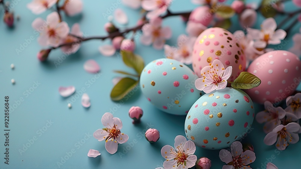 elegant easter eggs decorated flowers print on pastel blue background flat lay top view with copy space. elegant easter eggs decorated flowers print on pastel blue background flat lay top view with copy space.