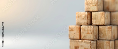 Modern abstract business design with wooden blocks and natural lighting, copy space