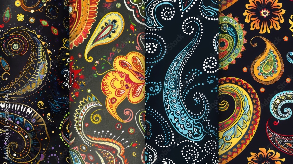 Various paisley patterns in bright colors showcase intricate designs on deep backgrounds Various paisley patterns in bright colors showcase intricate designs on deep backgrounds