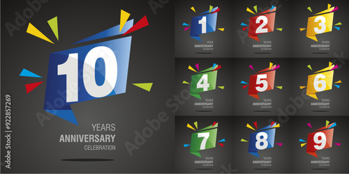 Set of Anniversary vector creative design emblems with negative space numbers on color origami speech bubble and black background for celebration event, invitation, greeting, template.ai