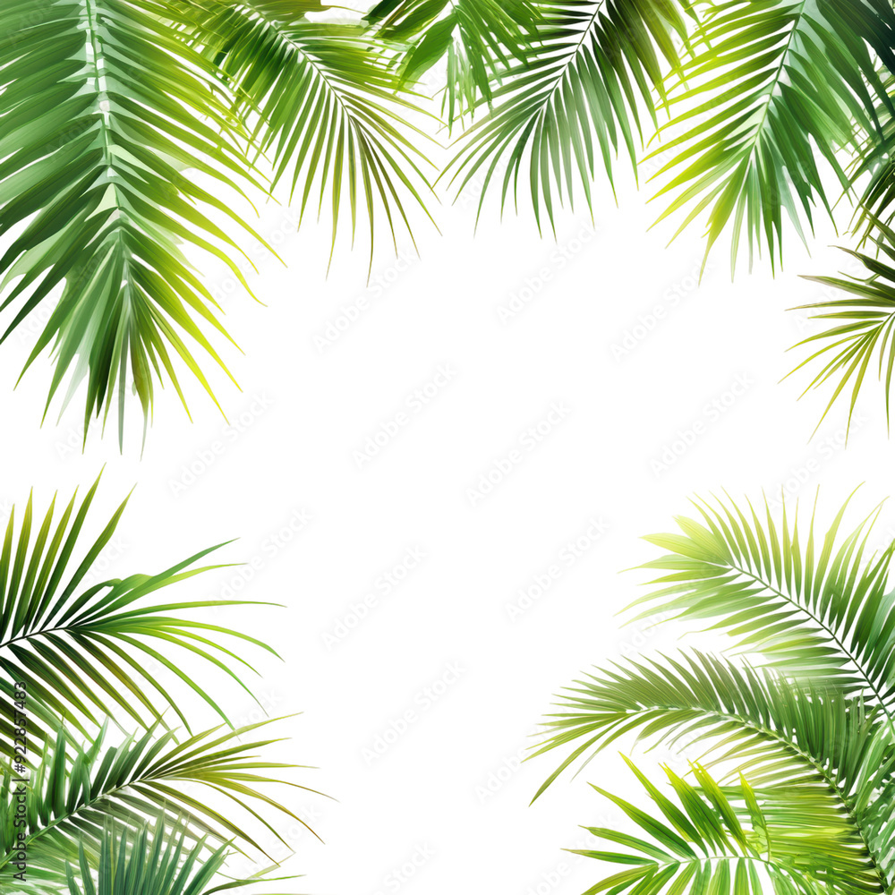 Tropical palm leaves border on white background, cut out - stock png. Tropical palm leaves border on white background, cut out - stock png.