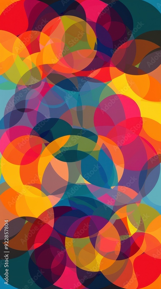 Bright circular shapes overlap, producing a dynamic and colorful abstract artwork full of energy Bright circular shapes overlap, producing a dynamic and colorful abstract artwork full of energy