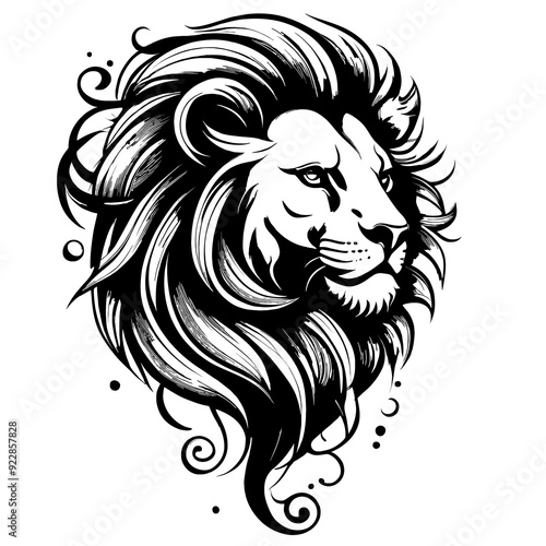 Stylized black lion head tattoo design on transparent background.