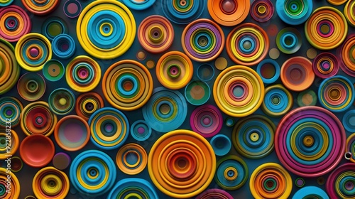 A striking display of variously sized colorful circles arranged together on a dark backdrop