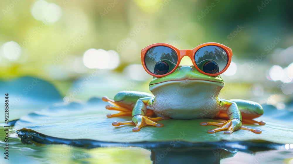 Naklejka premium Closeup of a goofy funny colorful realistic frog in big silly cool sunglasses sitting on a lily pad with defocused green nature background and copy space vacation travel relaxation concepts