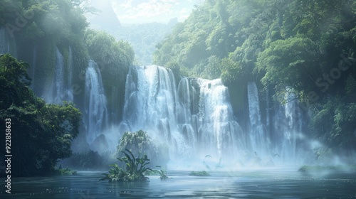 large waterfall surrounded by forest that falls into a large lake photo