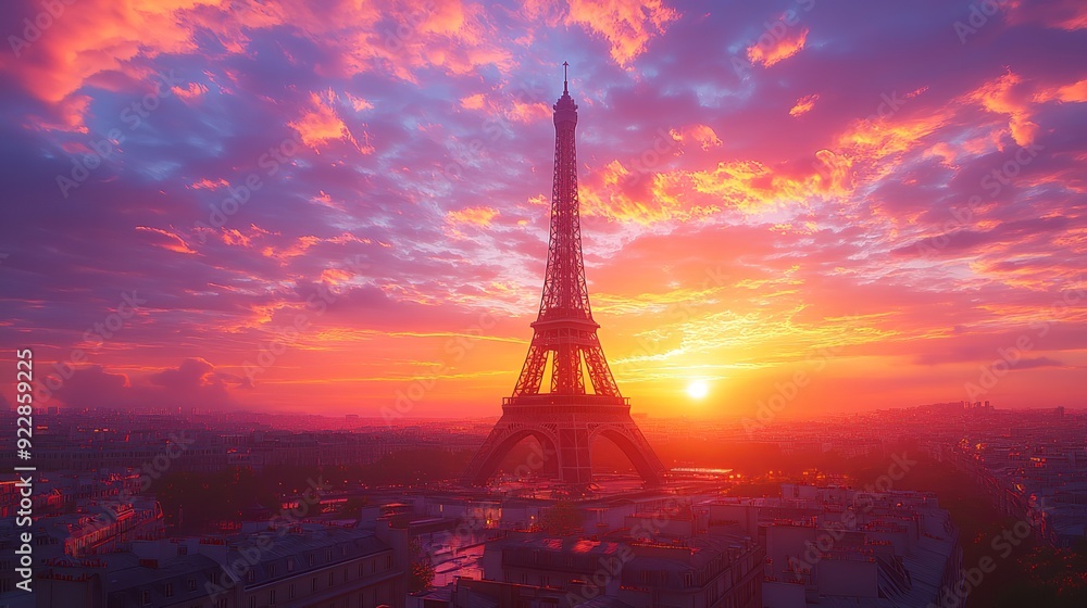 Fototapeta premium The iconic Eiffel Tower dominating the Paris skyline at sunset.