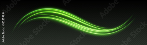 Glowing green light swirl with smooth, flowing curves. Light effect in motion concept. Vector illustration.