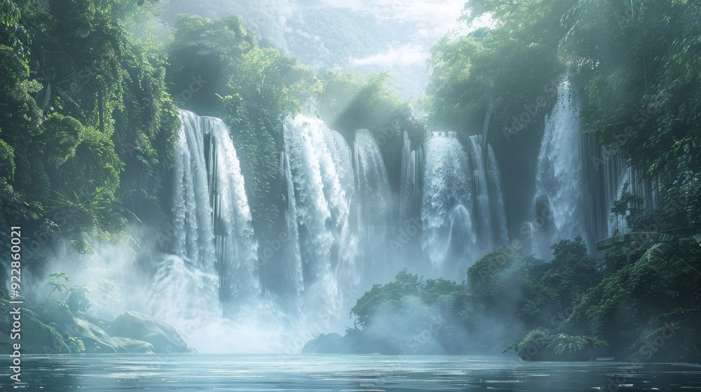 large waterfall surrounded by forest that falls into a large lake large waterfall surrounded by forest that falls into a large lake