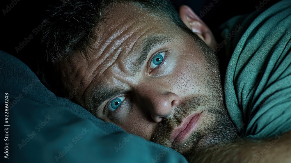 Man Struggling To Sleep At Night, Lying Awake In The Darkness, Battling Insomnia