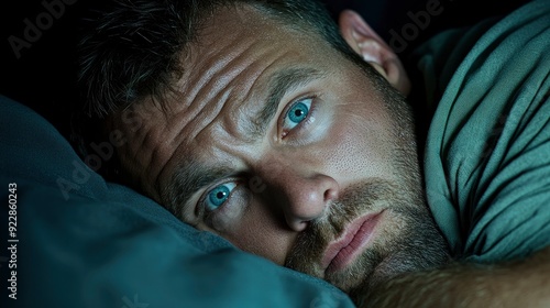 Obraz na płótnie Man Struggling To Sleep At Night, Lying Awake In The Darkness, Battling Insomnia w salonie