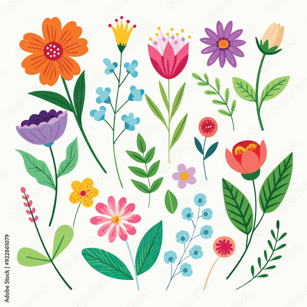 Obraz premium Creative illustration colorful flowers and leaves set