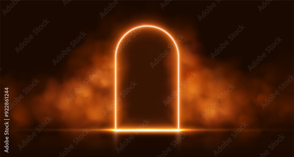 Neon door with smoke, orange glowing portal, futuristic arch gate, magic border with vapor. Vector illustration.