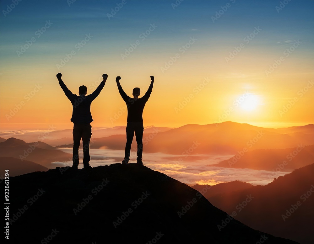 silhouette of two success mens in the top of hill silhouette of two success mens in the top of hill