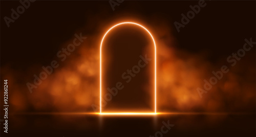 Neon door with smoke, orange glowing portal, futuristic arch gate, magic border with vapor. Vector illustration.