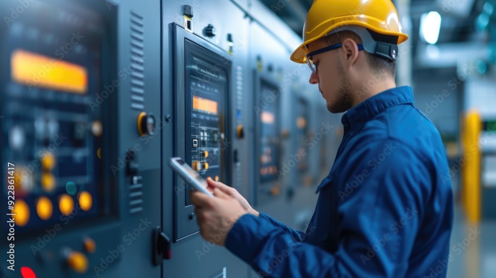 A technician in blue uniform and protective helmet installing or repairing various smart home automation systems and equipment with a deep depth of field A technician in blue uniform and protective helmet installing or repairing various smart home automation systems and equipment with a deep depth of field