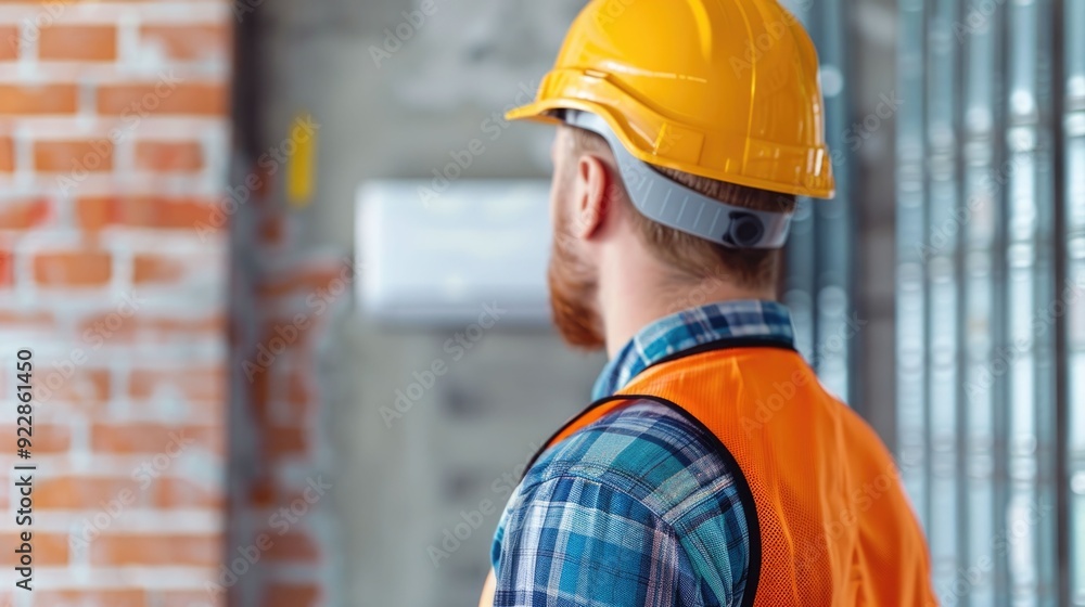 Professional technician in safety uniform and hard hat installing smart home automation systems such as electronic devices wiring and control panels in a residential building with brick walls Professional technician in safety uniform and hard hat installing smart home automation systems such as electronic devices wiring and control panels in a residential building with brick walls