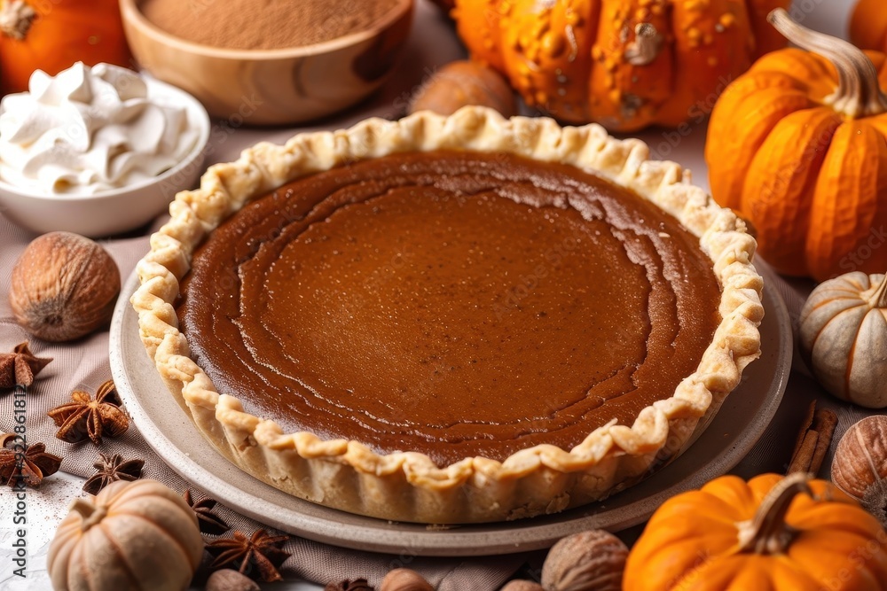 Delicious pumpkin pie surrounded by autumn pumpkins and spices, perfect for fall festivities and holiday gatherings. Delicious pumpkin pie surrounded by autumn pumpkins and spices, perfect for fall festivities and holiday gatherings.