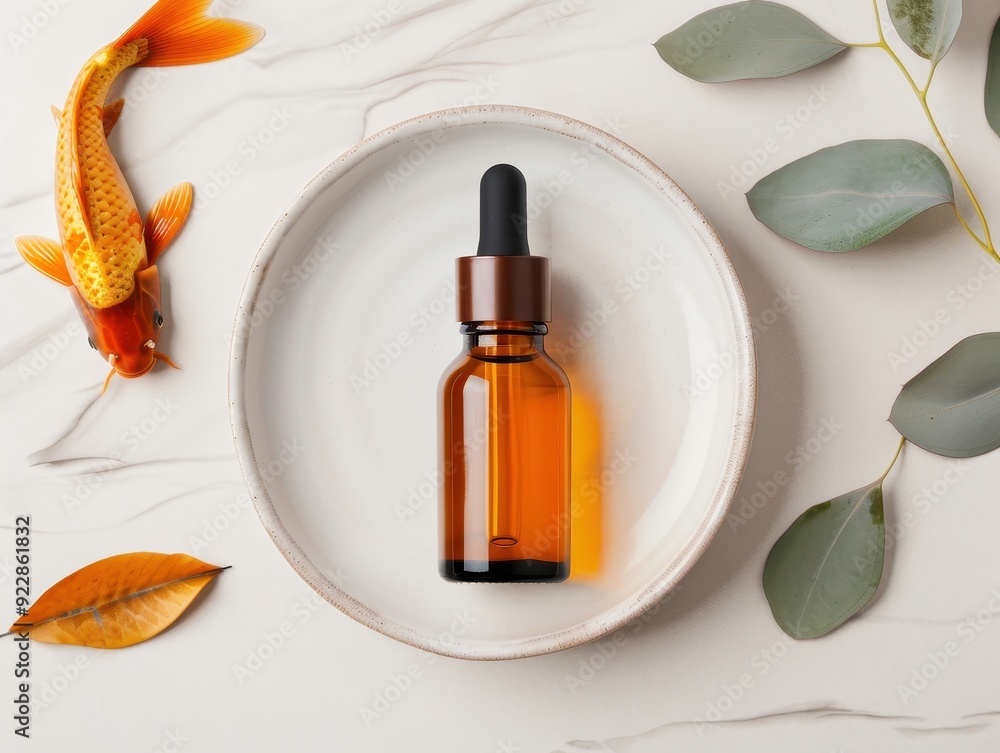 Elegant amber dropper bottle on a plate with leaves and decorative fish, perfect for skincare or aroma therapy imagery. Elegant amber dropper bottle on a plate with leaves and decorative fish, perfect for skincare or aroma therapy imagery.