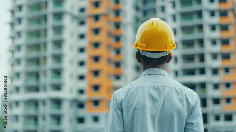 Construction worker in yellow hard hat inspecting a high rise building site checking for compliance with construction codes safety standards and control procedures Construction worker in yellow hard hat inspecting a high rise building site checking for compliance with construction codes safety standards and control procedures