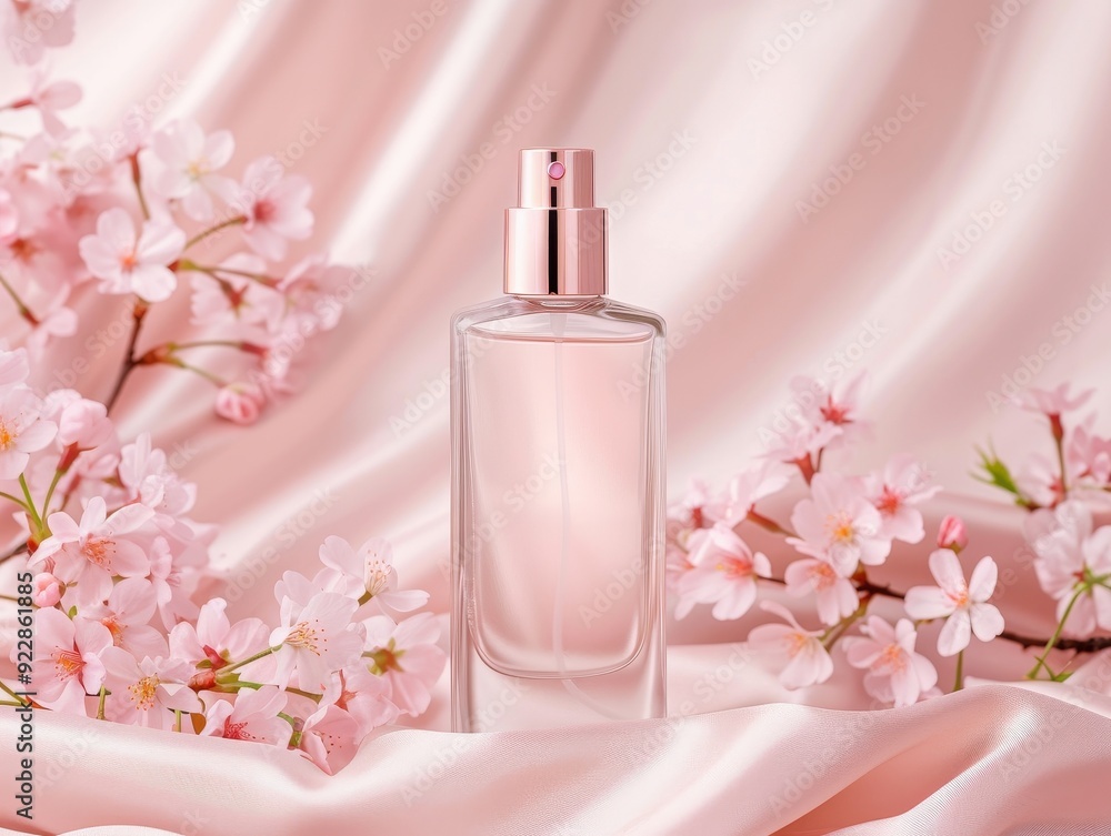 Elegant perfume bottle surrounded by delicate cherry blossoms on soft silk fabric, perfect for beauty and fragrance promotion. Elegant perfume bottle surrounded by delicate cherry blossoms on soft silk fabric, perfect for beauty and fragrance promotion.