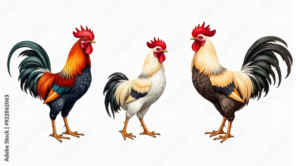 Fototapeta premium Vibrant Rooster Illustration Trio in Detailed Digital Art Style