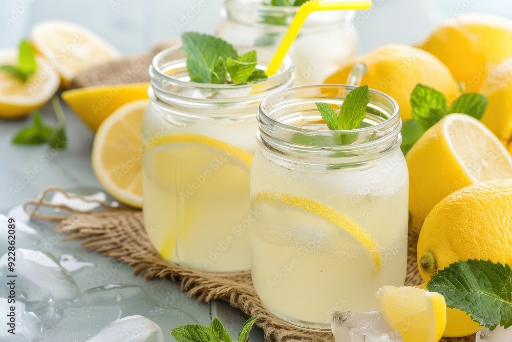 Refreshing lemonade served in glass jars, garnished with mint leaves, surrounded by fresh lemon slices. Refreshing lemonade served in glass jars, garnished with mint leaves, surrounded by fresh lemon slices.