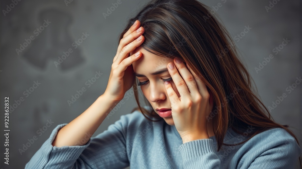 Young Woman Holding Head in Pain - Depressed and Stressed Woman Battling Anxiety and Headache Young Woman Holding Head in Pain - Depressed and Stressed Woman Battling Anxiety and Headache