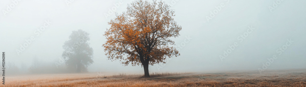A foggy autumn morning in the rural countryside with a tall tree and brown trunk in the foreground. A foggy autumn morning in the rural countryside with a tall tree and brown trunk in the foreground.