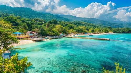 Fototapeta Naklejka Na Ścianę i Meble -  picturesque tropical beach scene with vibrant, colorful huts lining the shoreline.