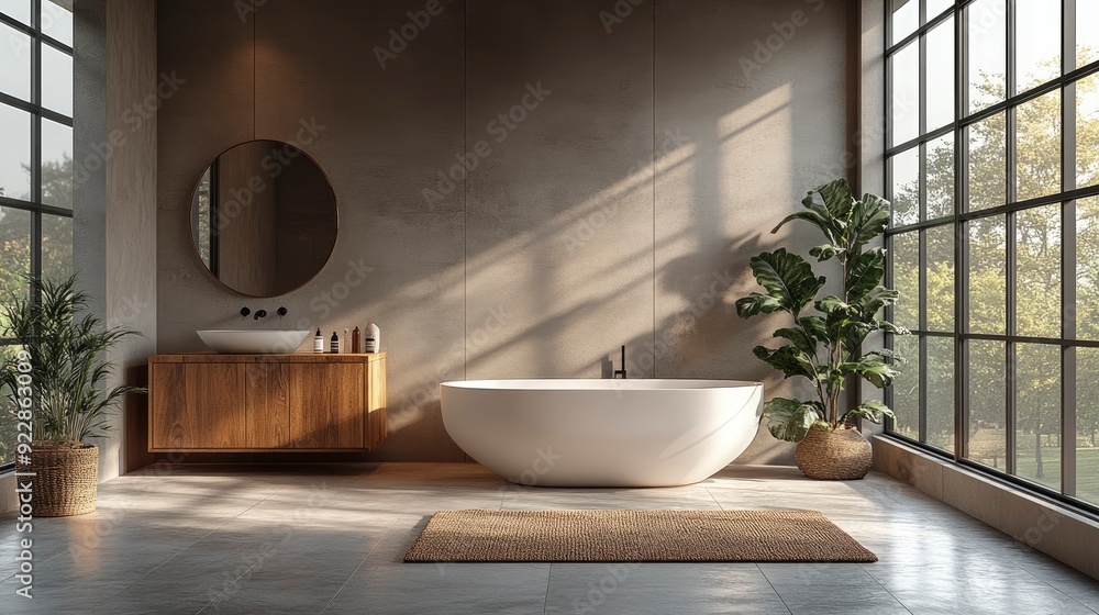 Fototapeta premium Modern Bathroom With A Wooden Bedside Cabinet, Minimalist Elegance