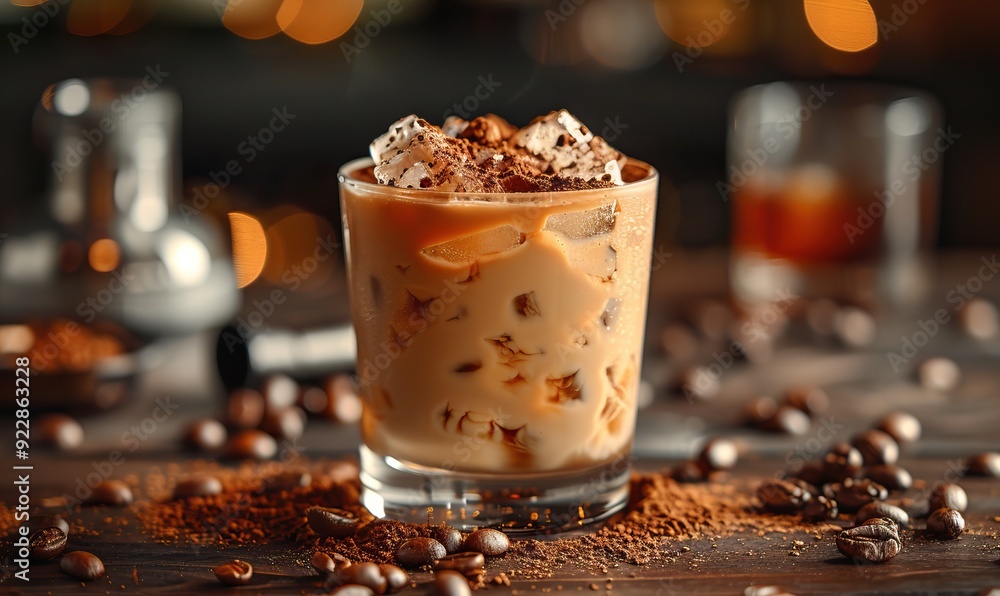 rattlesnake alcoholic cocktail drink with coffee,cocoa liquor irish cream ground coffee,ice in glass dark bar counter background bar tools,bottles. rattlesnake alcoholic cocktail drink with coffee,cocoa liquor irish cream ground coffee,ice in glass dark bar counter background bar tools,bottles.