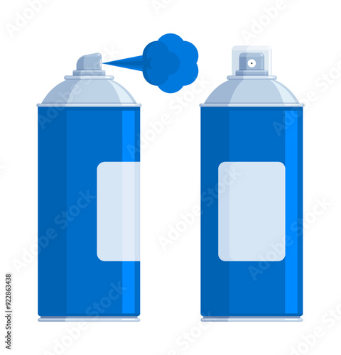 Set of dark blue spray paint cans with silver caps, one spraying paint. Flat vector illustration isolated on white background. Art supplies and graffiti concept. Perfect for creative projects
