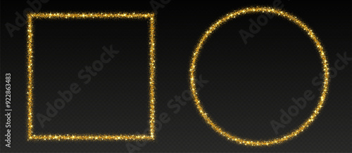 Golden glitter frames, shimmering borders in circle and square shapes, festive holiday sparkles. Christmas decoration. Vector illustration.
