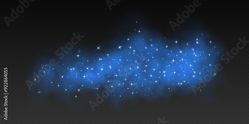 Blue magic smoke with stars and sparkles, fog with glowing particles, colorful vapor with star dust. Fantasy haze overlay. Vector illustration.