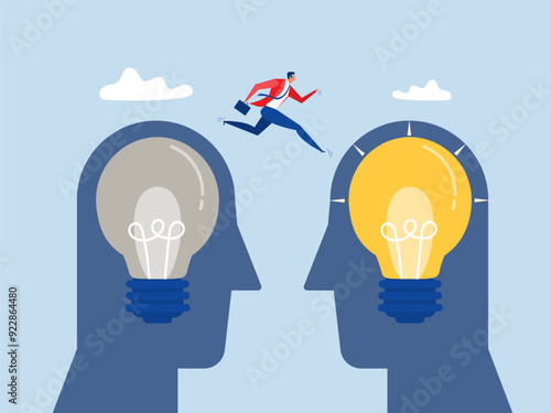 Business transformation new thinking,Smart businessman jump from old to new shiny lightbulb idea.change management or transition to better innovative company,